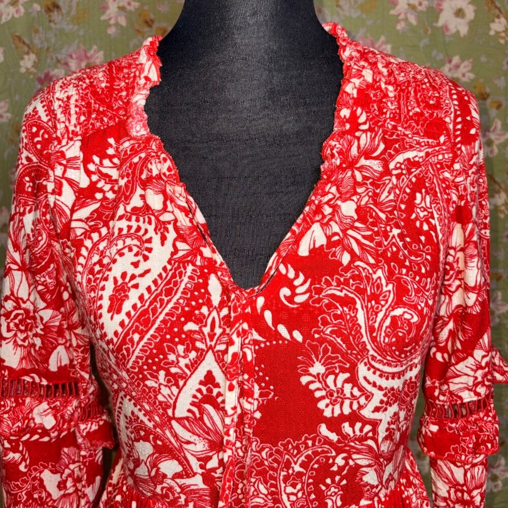 B.O.G. Collective Red Paisley Boho Dress | Tassel Tie Tiered Dress | Long Sleeve